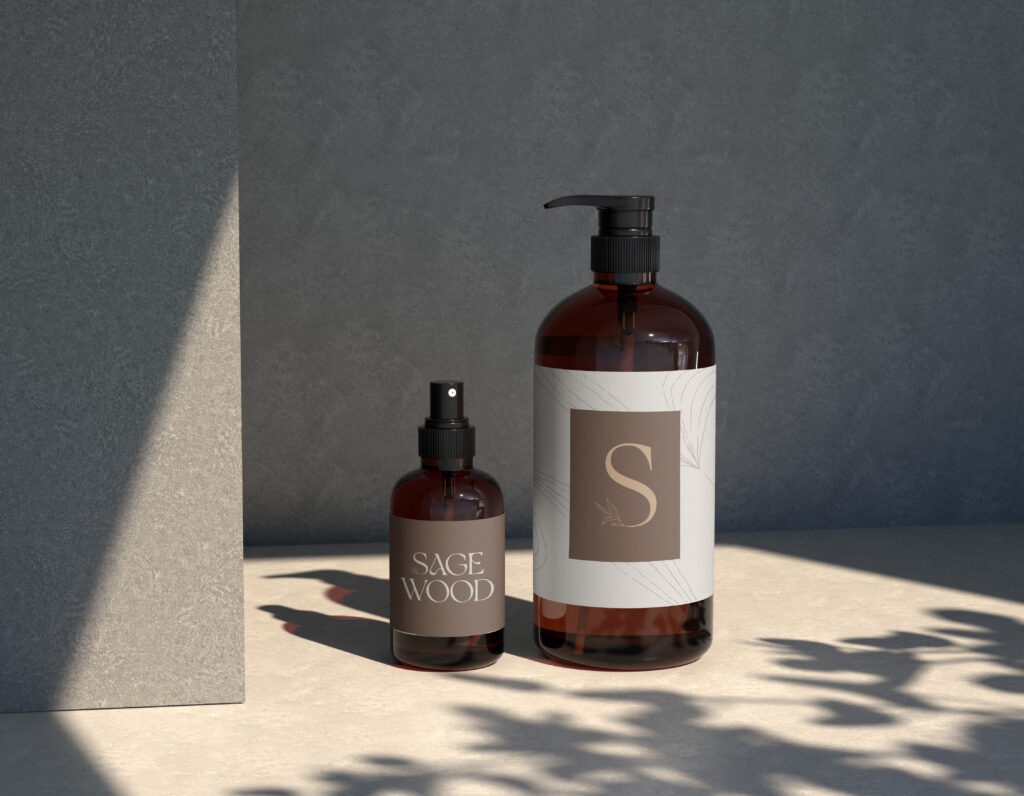 Sagewood Hair salon logo displayed on beauty product bottles