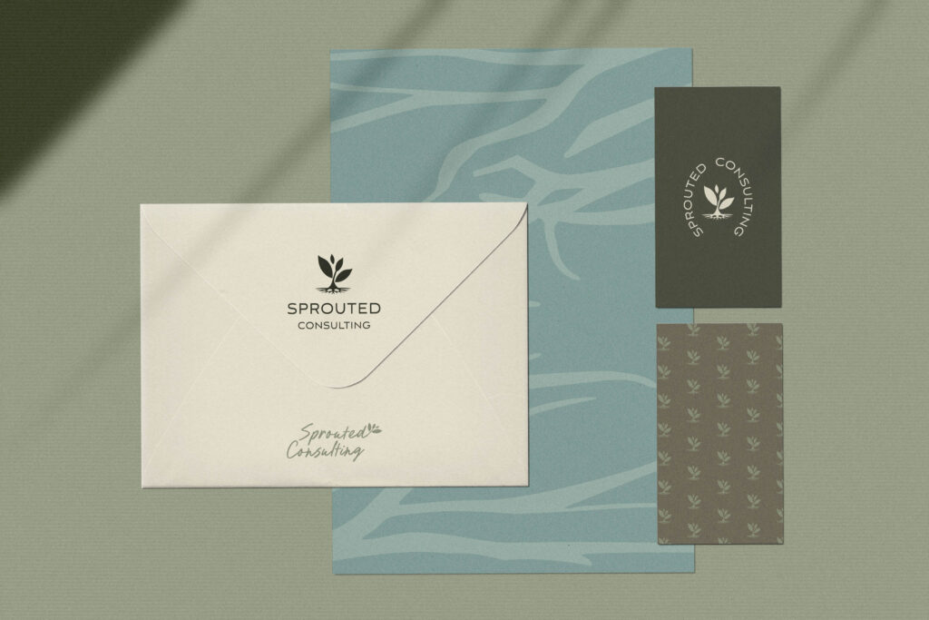 Branded stationery for Sprouted Consulting, a CPG consultant brand, with logo and textured background details.