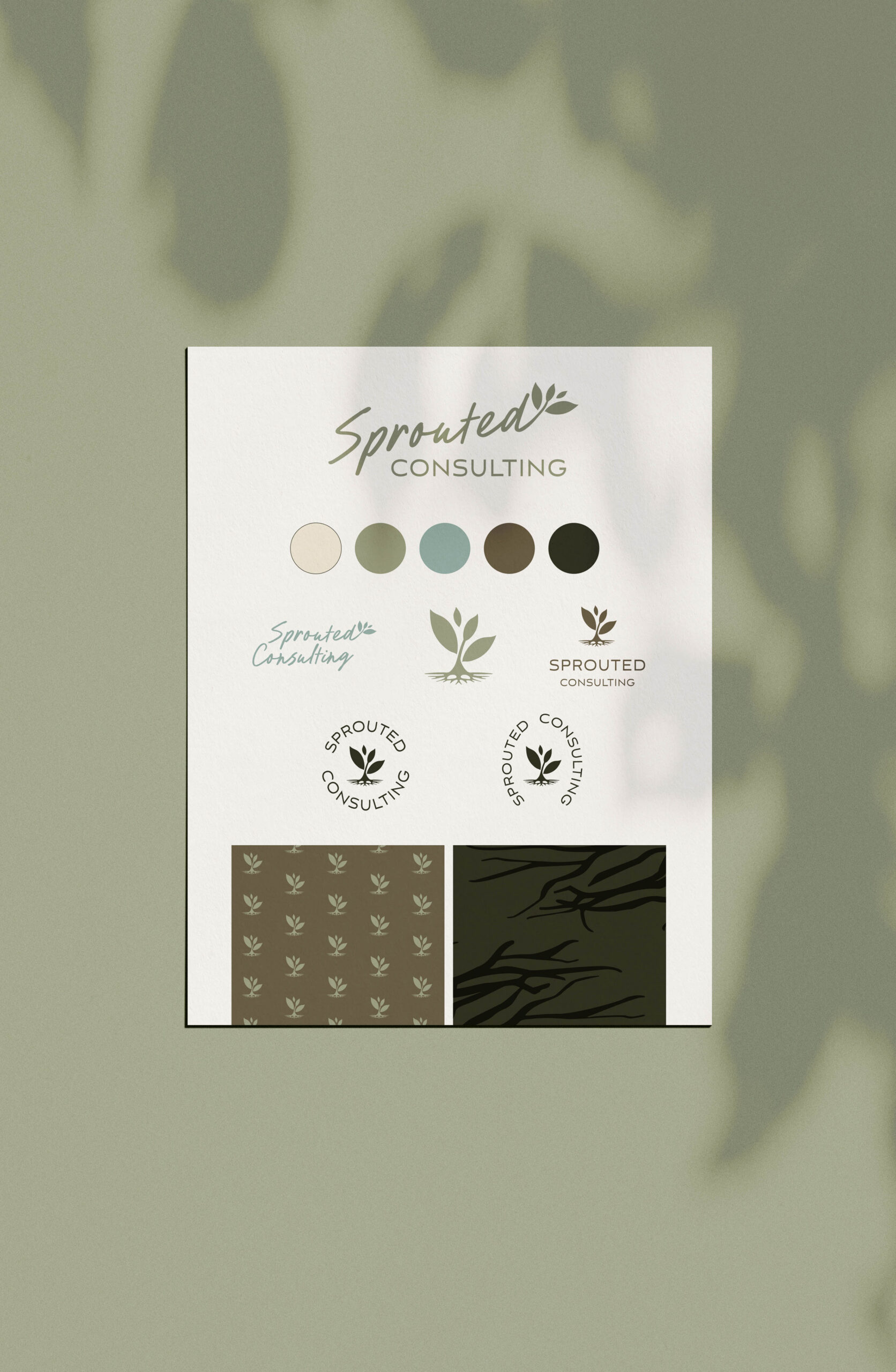 Sprouted Consulting brand suite showcasing logo variations, a cohesive color palette, and custom brand patterns for a consistent visual identity.