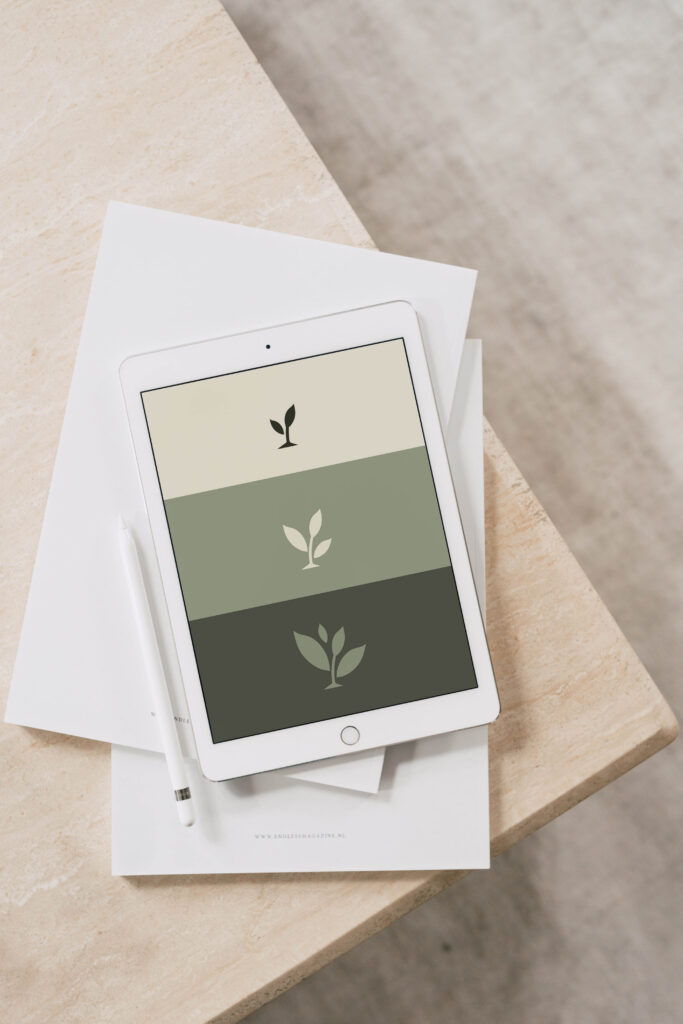 Plant icons with earthy color palette displayed in a tablet screen.  