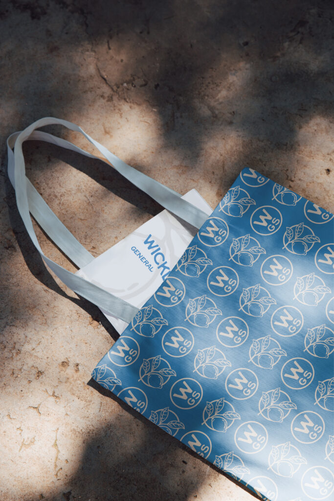 A retro-style logo pattern from our pre-made brand kit, Wicklow, displayed on a paper bag.