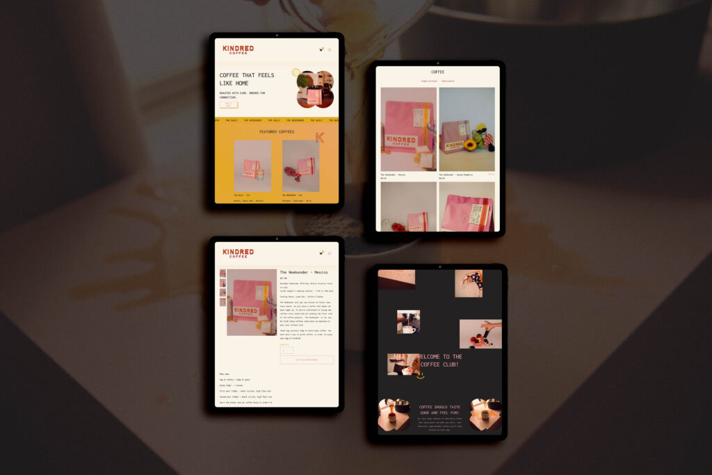 Tablet screens displaying pages from the Kindred Coffee website.
