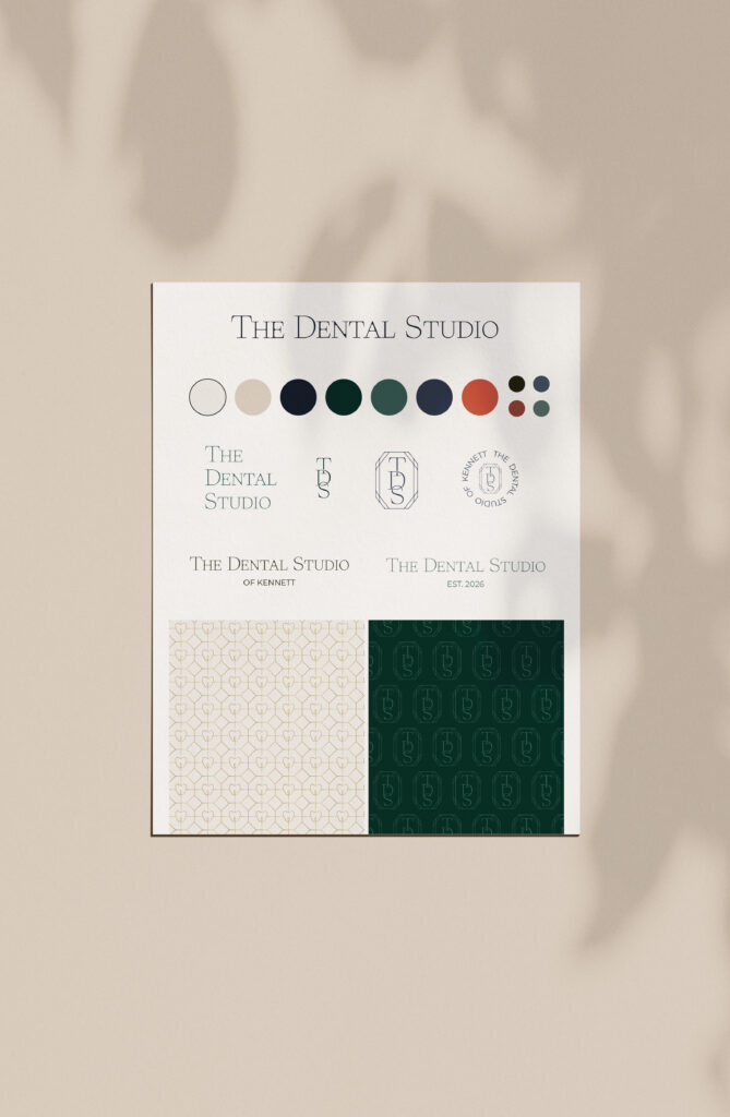 The Dental Studio brand guide features the logo, color palette, and brand patterns.