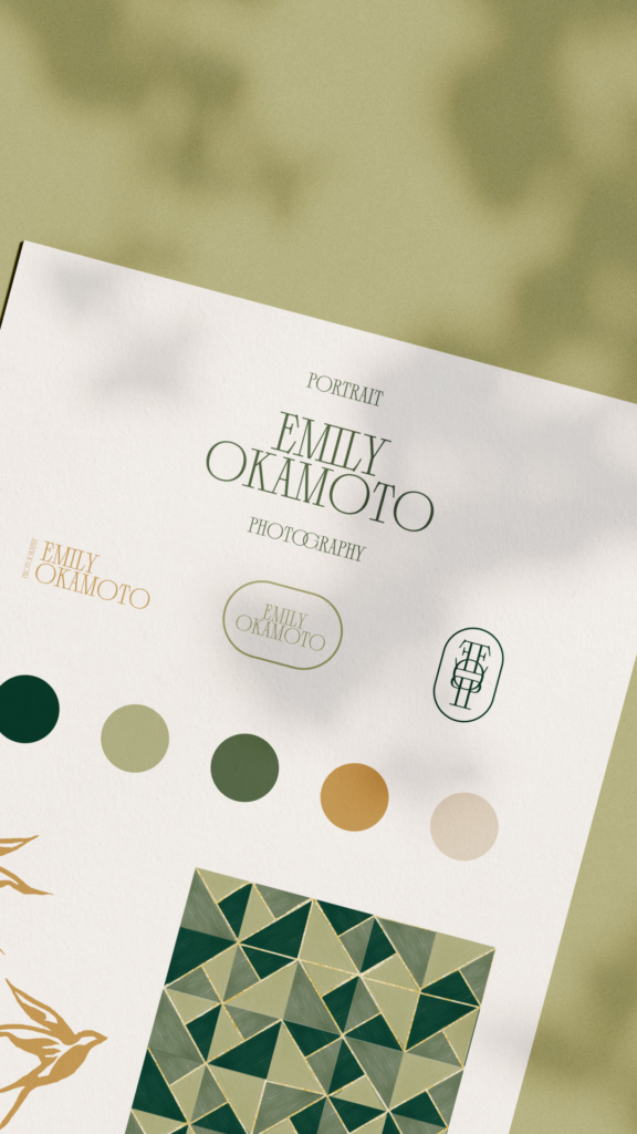Emily Okamoto brand guide with logo design, color palette, and brand patterns.
